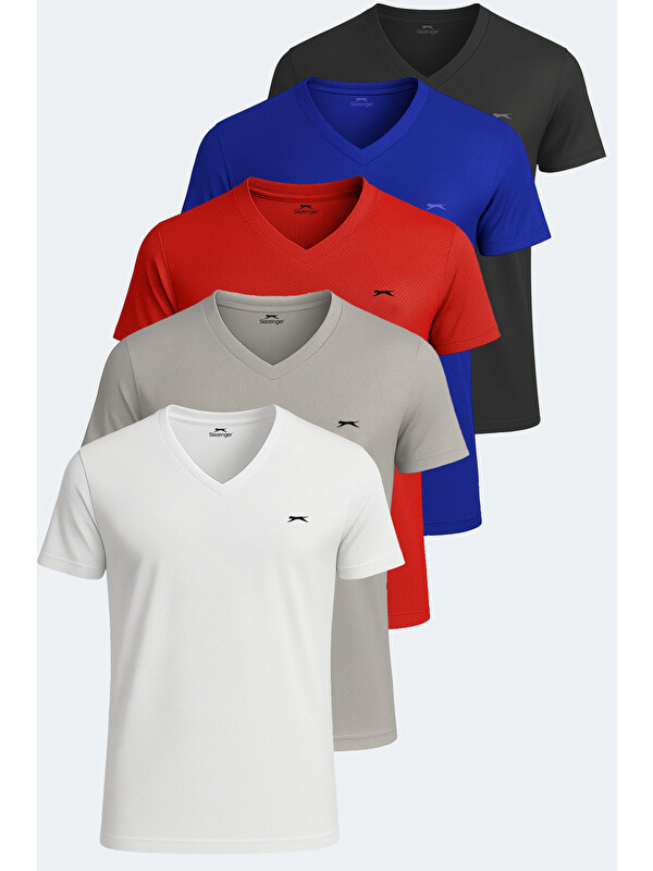 SLAZENGER KATRINA 5 li Set Erkek Beyaz - Siyah - Gri - Saks Mavi - Kırmızı Tişört
