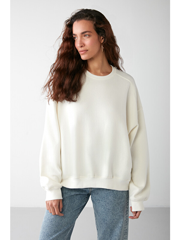 GRIMELANGE VANELTINA Kadın Organik Pamuklu Yumuşacık İçi Polarlı Yuvarlak yakalı VANİLYA Sweatshirt