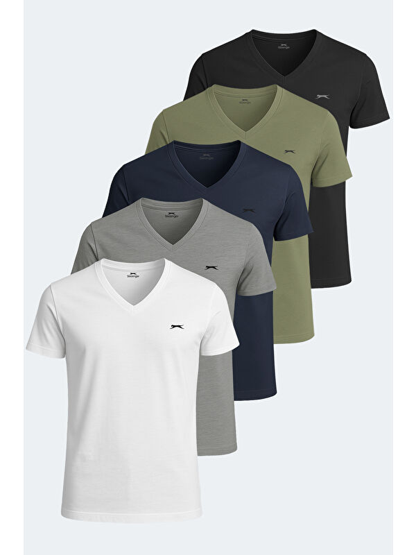 SLAZENGER SARGON 5 li Set Erkek Beyaz - Siyah - Lacivert - Haki - Gri %100 Pamuk Tişört