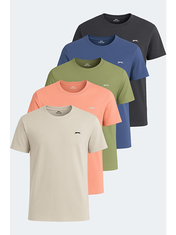 SLAZENGER KRATER 5 li Set Erkek Somon - Koyu Gri - Indigo - Bej - Açık Yeşil Tişört
