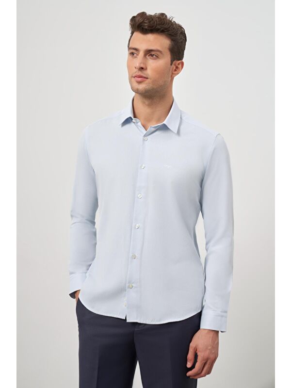 İMZA Koyu Mavi Uzun Kol  Armürlü 032 Sert Yaka Classic Slim Fit Gömlek 1004245152