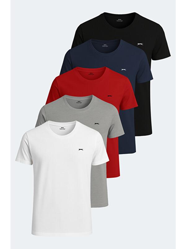 SLAZENGER SANDER KTN 5 li Set Erkek Beyaz - Gri - Siyah - Lacivert - Kırmızı %100 Pamuk Tişört