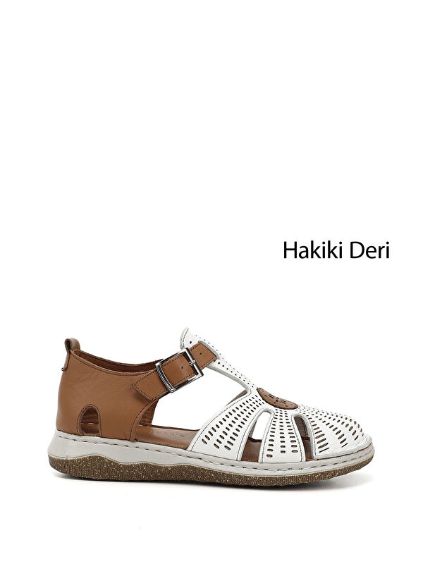 GÖNDERİ(R) Kadın BEYAZ-AÇIK GRİ Hakiki Deri Sandalet