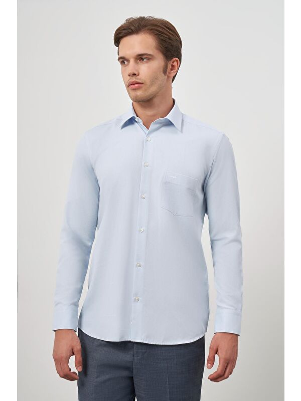 İMZA Koyu Mavi Uzun Kol  Armürlü 041 Sert Yaka Classic Comfort Fit Gömlek 1004245154