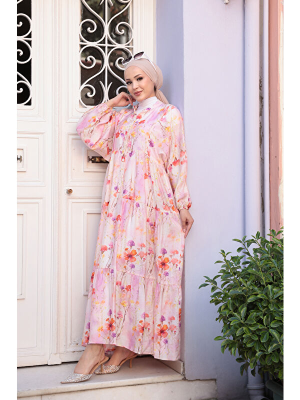 Locco Moda Kadın Çicek Desenli Elbise Pembe
