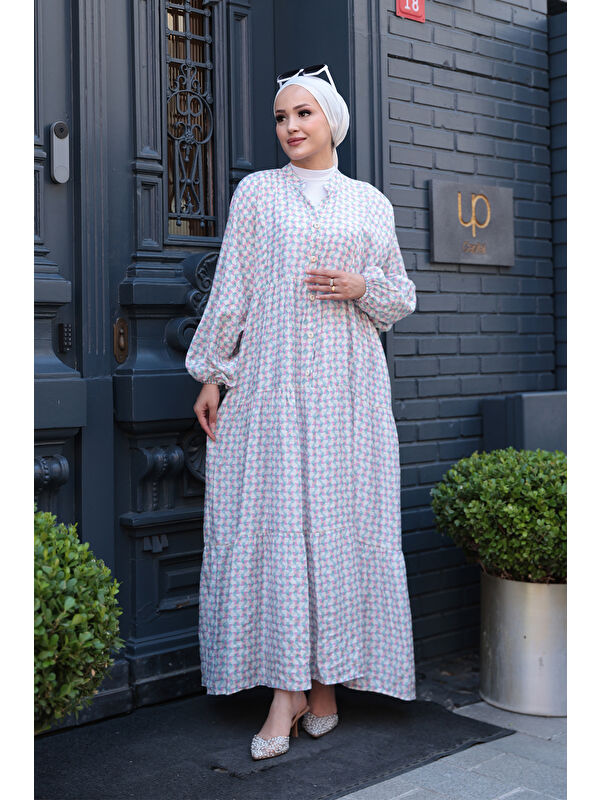 Locco Moda Kadın Geometrik Dalgalı Desenli Elbise Pembe