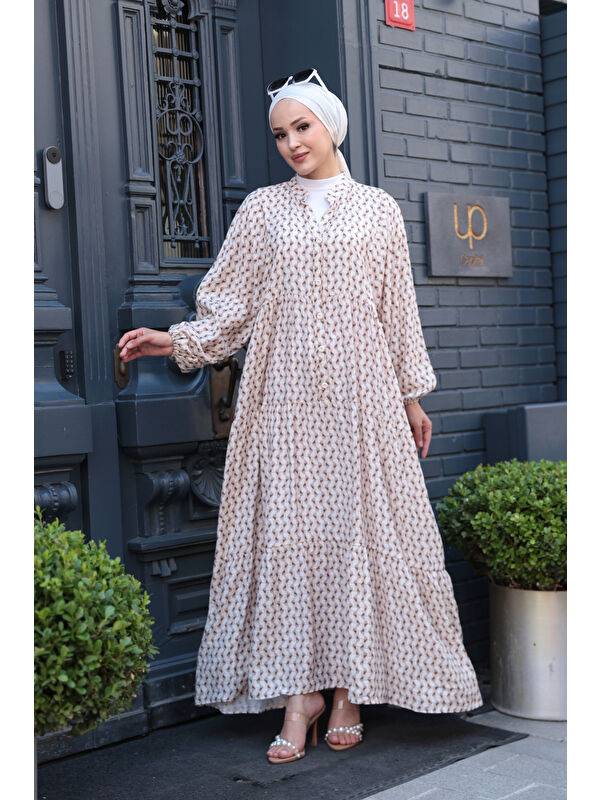 Locco Moda Kadın Geometrik Dalgalı Desenli Elbise Vizon