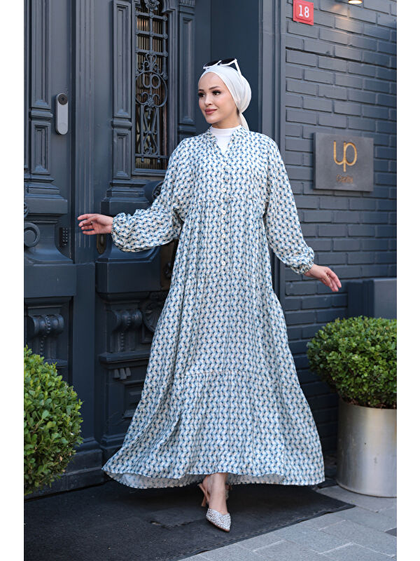 Locco Moda Kadın Geometrik Dalgalı Desenli Elbise Mavi