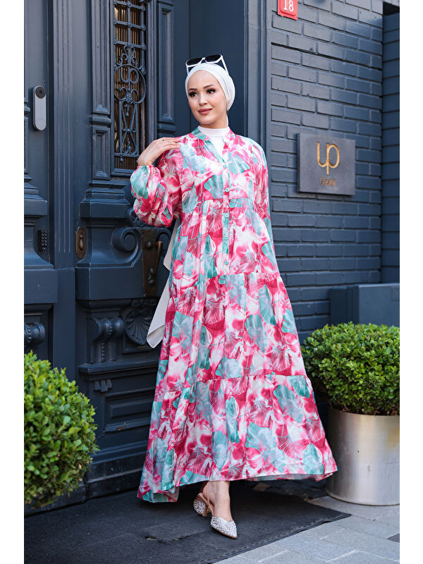 Locco Moda Kadın Yaprak Desen Elbise Fuşya