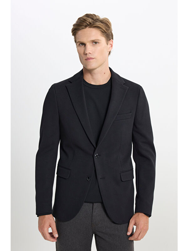 Altınyıldız Classics Erkek Siyah Pamuklu Slim Fit Dar Kesim Mono Yaka Kapak Cepli Ceket