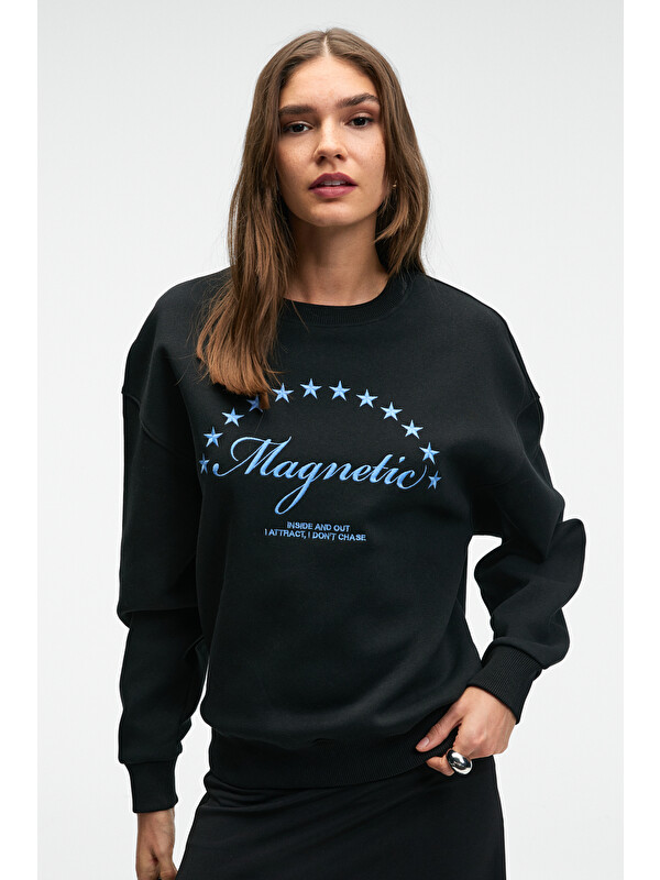 GRIMELANGE VISTARA Kadın Nakış Detaylı Yuvarlak Yaka Regular Fit SİYAH Sweatshirt