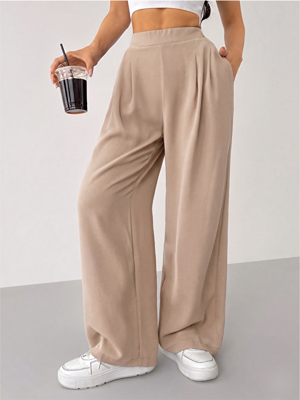 Genius Store Kadın Pantolon Scuba Krep Kumaş Beli Lastikli Cepli Pileli Geniş Paça Palazzo Pantolon SCUBA-CREP