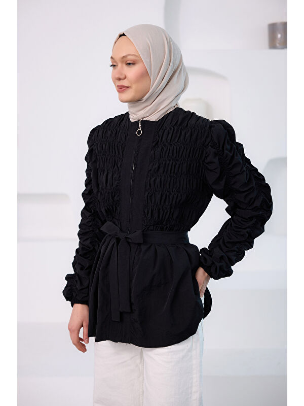 Locco Moda Kadın Büzgü Detaylı Fermuarlı Ceket  Lacivert