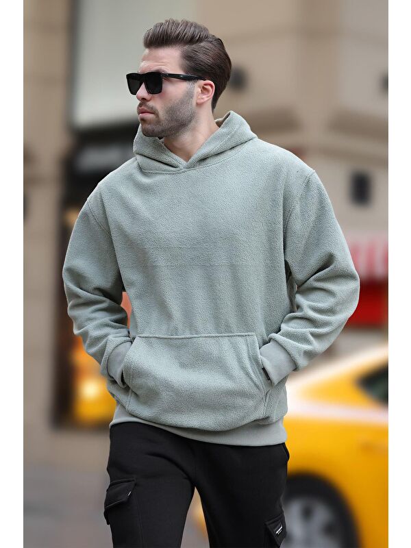 Madmext Çağla Yeşili Kapüşonlu Cep Detaylı Polar Erkek Sweatshirt 7093
