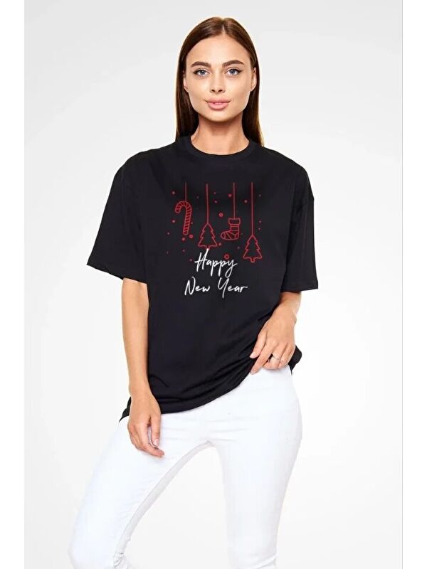 Jane's Unisex Bisiklet Yaka Baskılı Oversize T-Shirt - Siyah