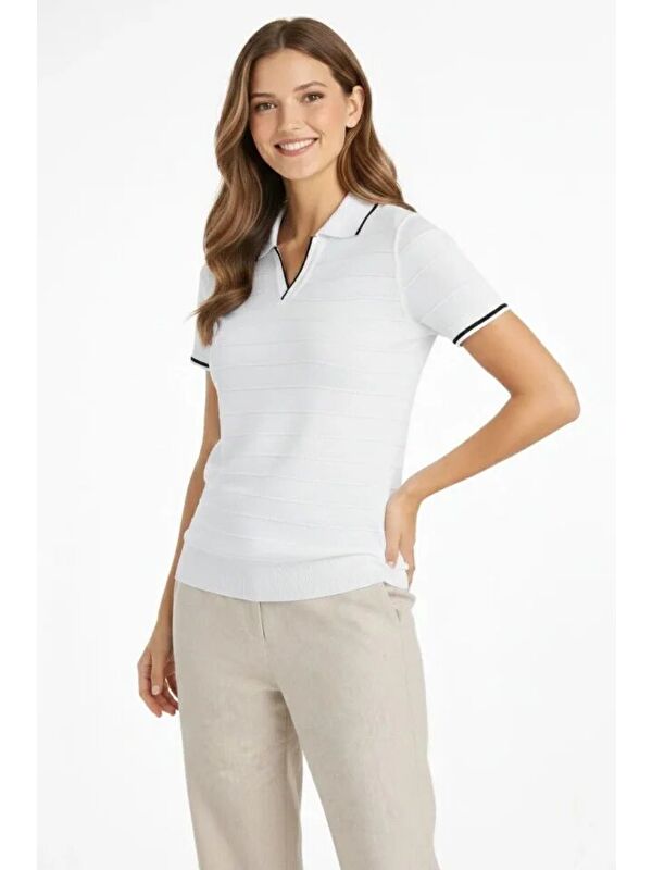 Jane's Triko Kumaş Yakalı Düğmesiz Açık Yaka Fitilli Kısa Kollu Regular Fit Tişört T-shirt - Beyaz
