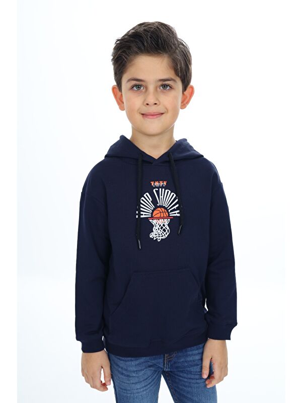 Toontoykids Erkek Çocuk Relax Fit Kapüşonlu Cepli Hafif Düşük Omuz Baskılı Sweatshirt