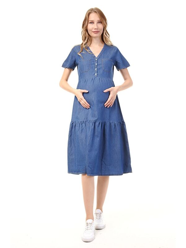 Luvmabelly Kadın Düğmeli Ve Cepli Denim Hamile Elbise