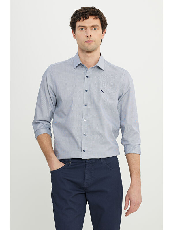 Altınyıldız Classics Erkek Lacivert %100 Pamuk Flanel Slim Fit Dar Kesim Klasik Yaka Armürlü Gömlek