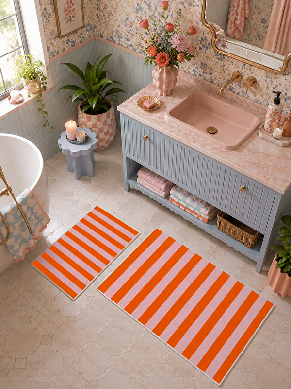 Milbay Grup Turuncu Beyaz Çizgili Kaymaz Taban Banyo Paspası 2’li Set Modern Banyo Halısı