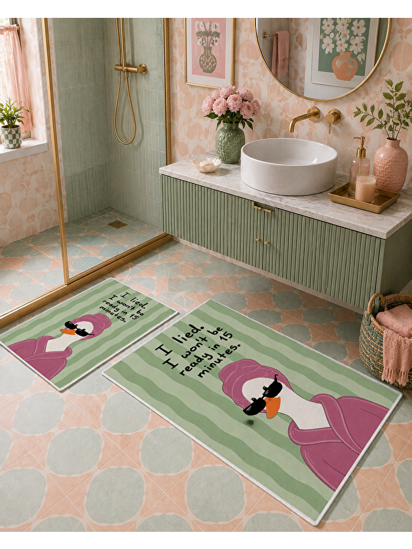 Milbay Grup Yeşil Pembe Balon Kız Desenli Kaymaz Taban Banyo Paspası 2’li Set Çocuk Banyo Halısı