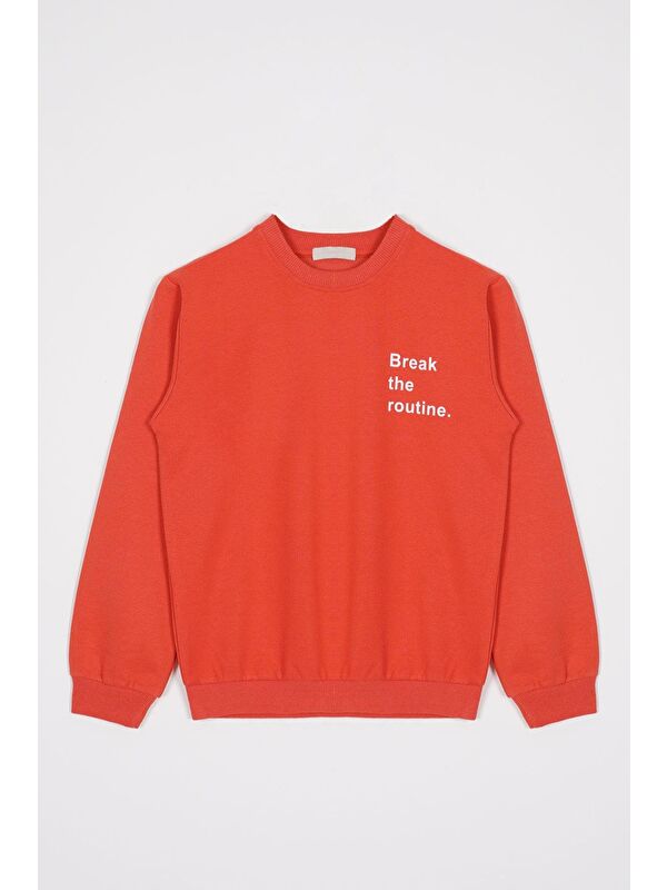 Zepkids Bisiklet Yaka Yazı Baskılı Kiremit Renk Erkek Çocuk Sweatshirt