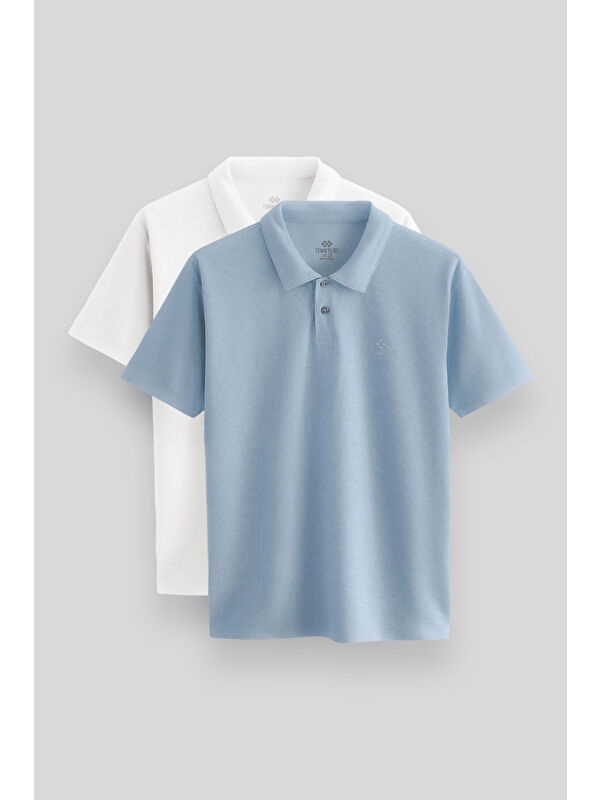 Tommylife Standart Fit Basic Polo Yaka 2'li Paket Beyaz-Buz Mavi Erkek Tişört - 87748