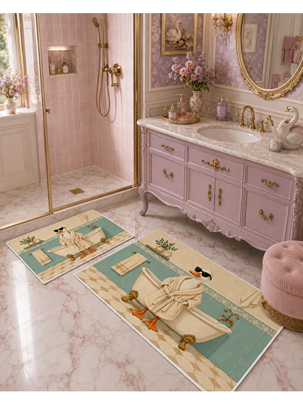 Milbay Grup Krem Mint Köpek Desenli Kaymaz Taban Banyo Paspası 2’li Set Dekoratif Banyo Halısı