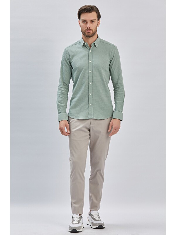 İMZA Açık Yeşil Uzun Kollu Biritli Yaka Biyeli Pamuklu Elastanlı Casual Slim Fit Gömlek 1004240232