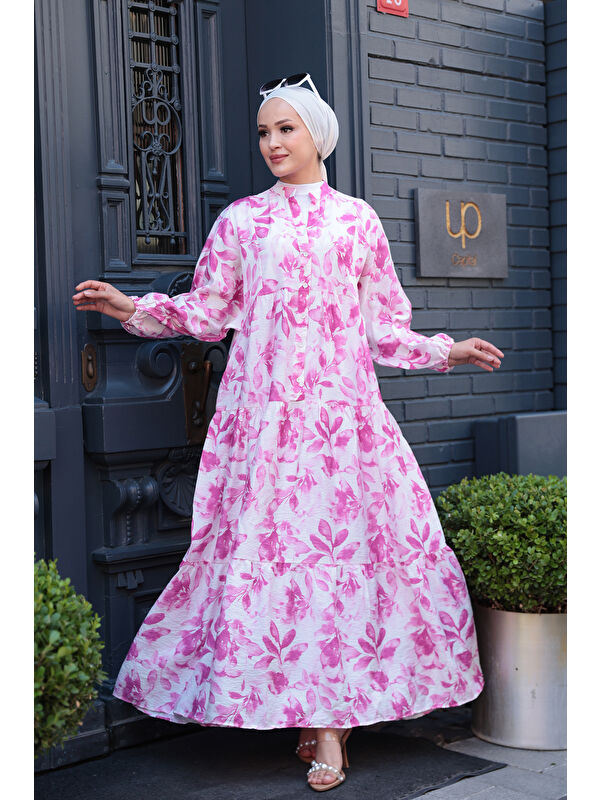 Locco Moda Kadın Yapraklı Soyut Desen Elbise Pembe