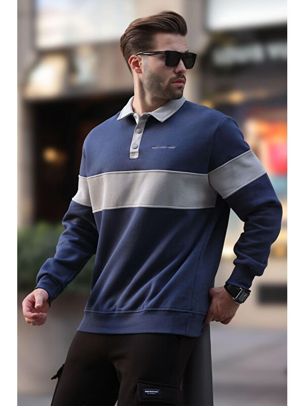 Madmext Lacivert Polo Yaka Renk Bloklu Erkek Sweatshirt 7072