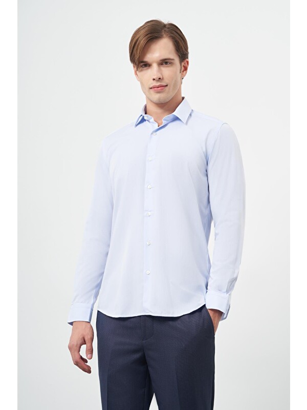 İMZA Koyu Mavi Uzun Kol Kendinden Armürlü Cepsiz Pamuklu Classic Slim Fit Gömlek 1004245202