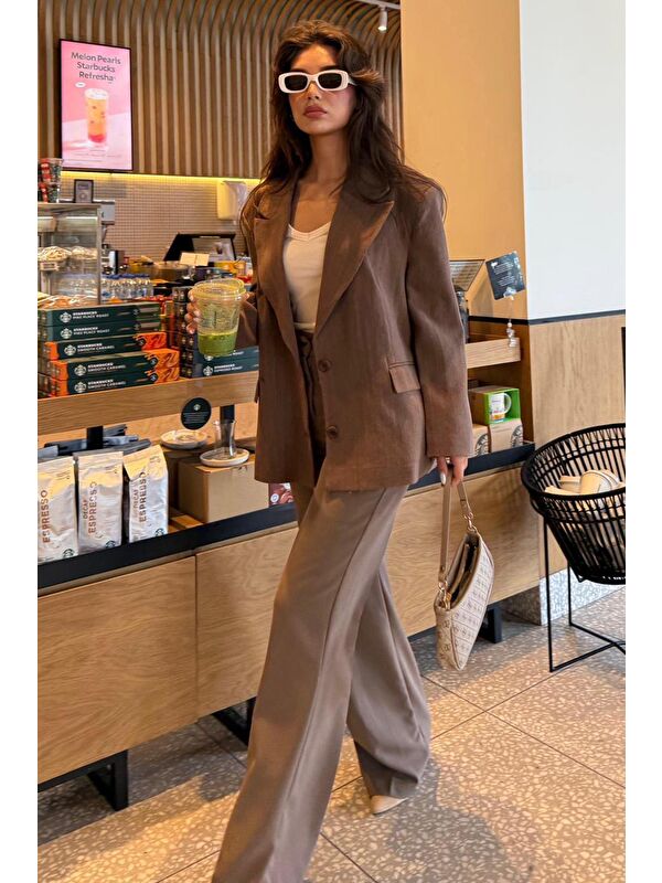 Madmext Kahverengi Keten Blazer Kadın Ceket Mg2443