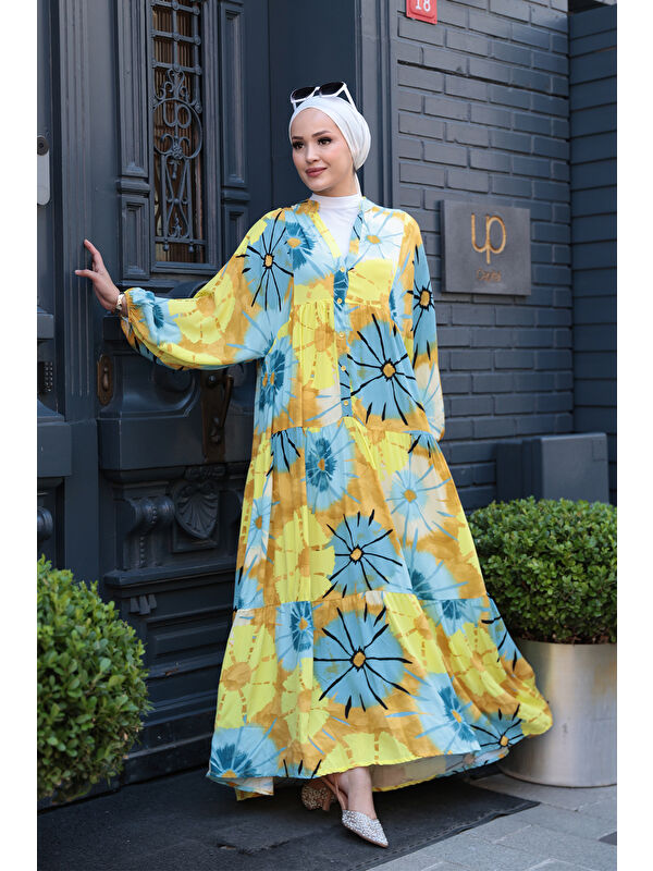 Locco Moda Kadın Ayçiceği Desenli Elbise Mavi-Sarı