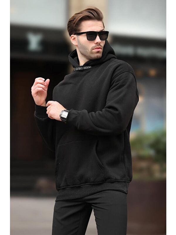 Madmext Siyah Kapüşonlu Nakış Detaylı Sweatshirt 7099