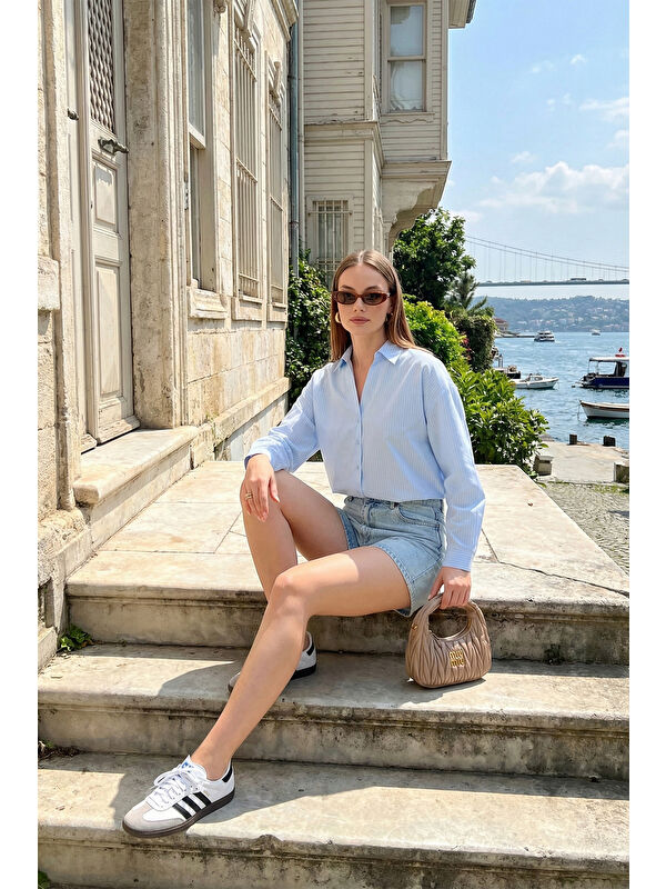 Lela Çizgili Oversize Fit Klasik Yaka Uzun Kollu Kadın Gömlek 6925437