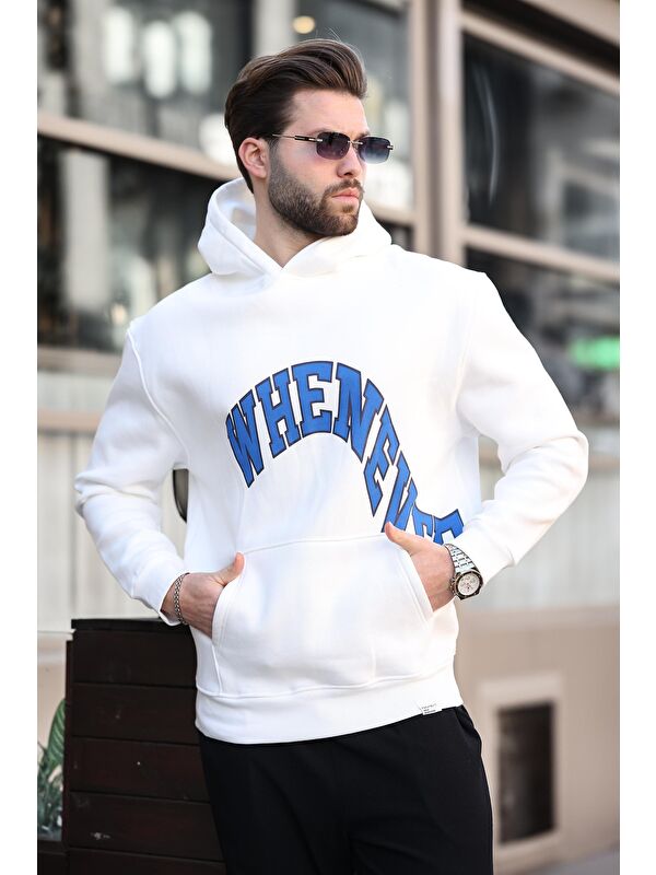 Madmext Ekru Kapüşonlu Baskılı Cep Detaylı Erkek Sweatshirt E7065