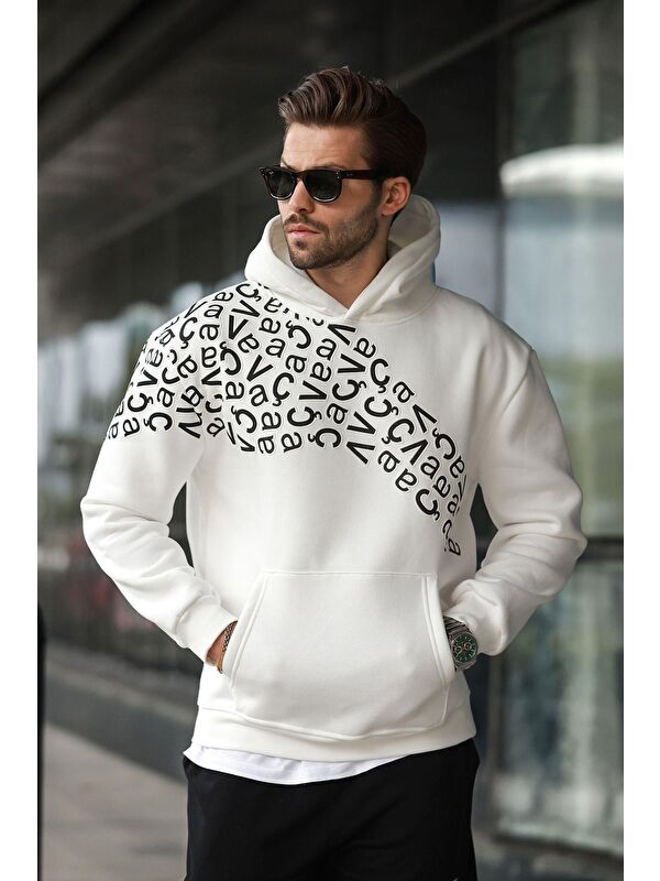 Madmext Ekru Baskılı Kapüşonlu Erkek Sweatshirt E7160