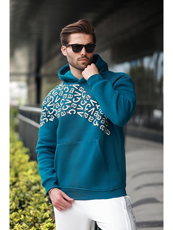Madmext Petrol Yeşili Baskılı Kapüşonlu Erkek Sweatshirt E7160