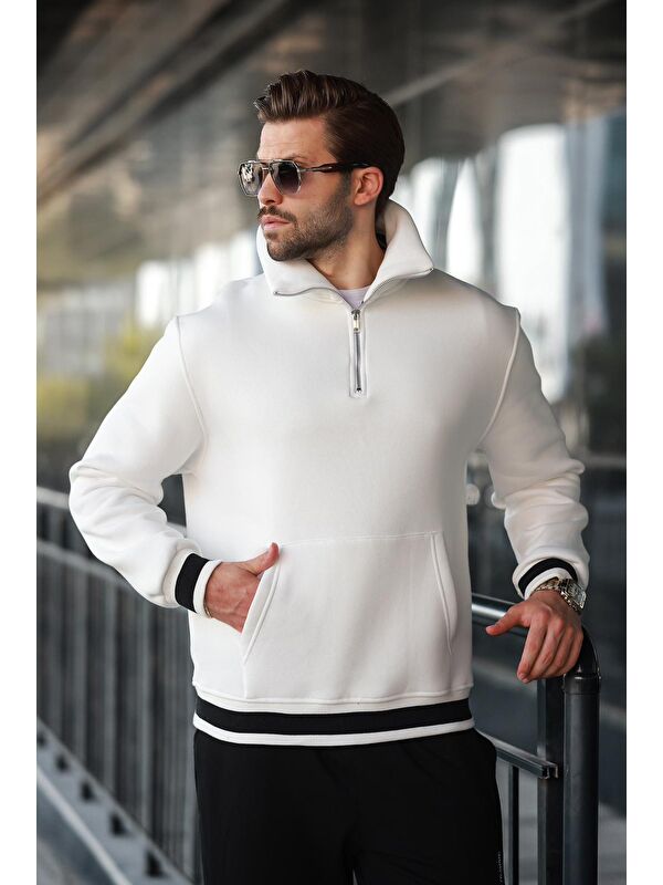 Madmext Ekru Fermuarlı Dik Yaka Kanguru Cep Erkek Sweatshirt E7159