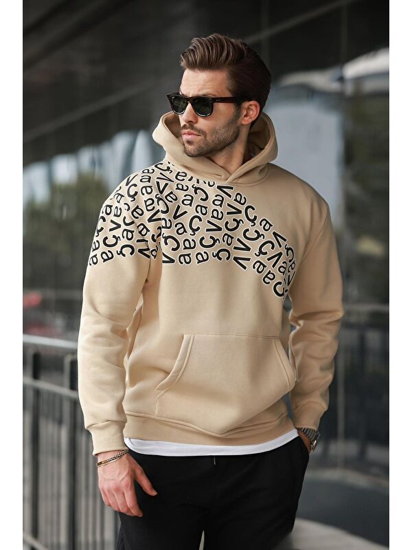 Madmext Bej Baskılı Kapüşonlu Erkek Sweatshirt E7160