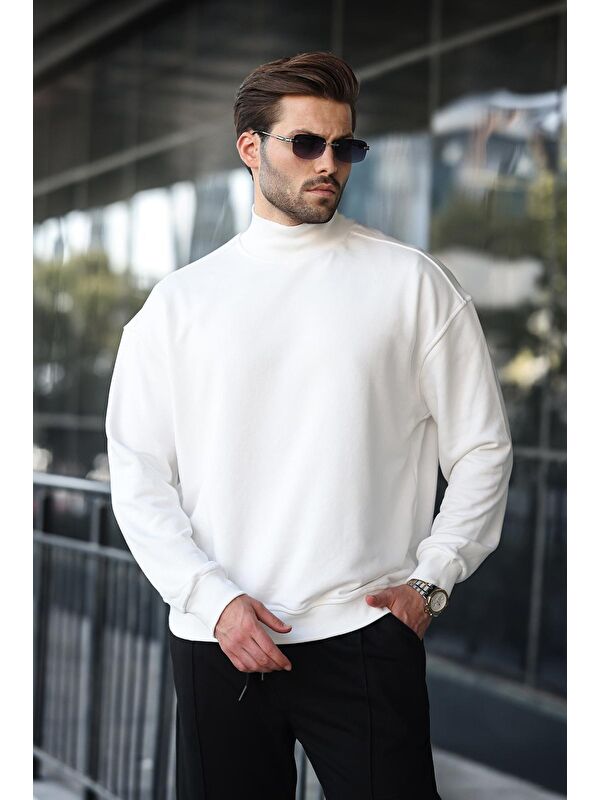 Madmext Ekru Yarım Balıkçı Yaka Erkek Basic Sweatshirt E7158