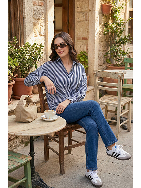 Lela Çizgili Oversize Fit Klasik Yaka Uzun Kollu Kadın Gömlek 6925475