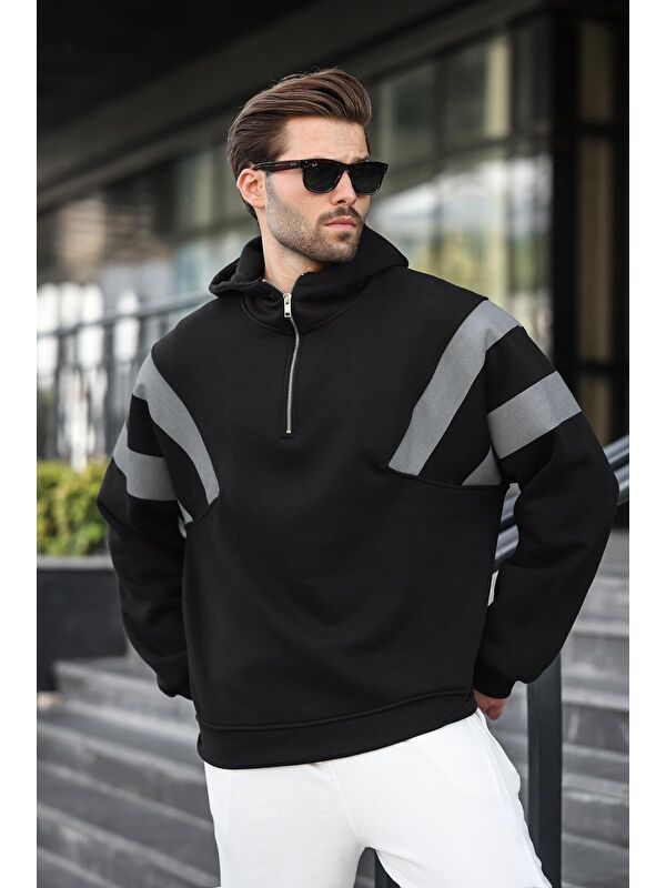 Madmext Siyah Fermuarlı Yaka Kapüşonlu Erkek Sweatshirt E7161