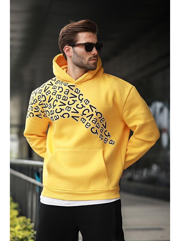 Madmext Sarı Baskılı Kapüşonlu Erkek Sweatshirt E7160
