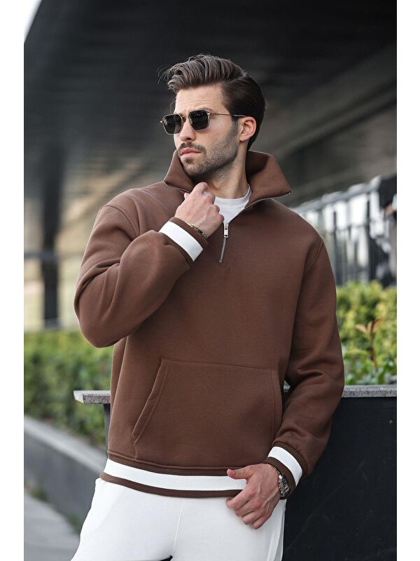 Madmext Kahverengi Fermuarlı Dik Yaka Kanguru Cep Erkek Sweatshirt E7159