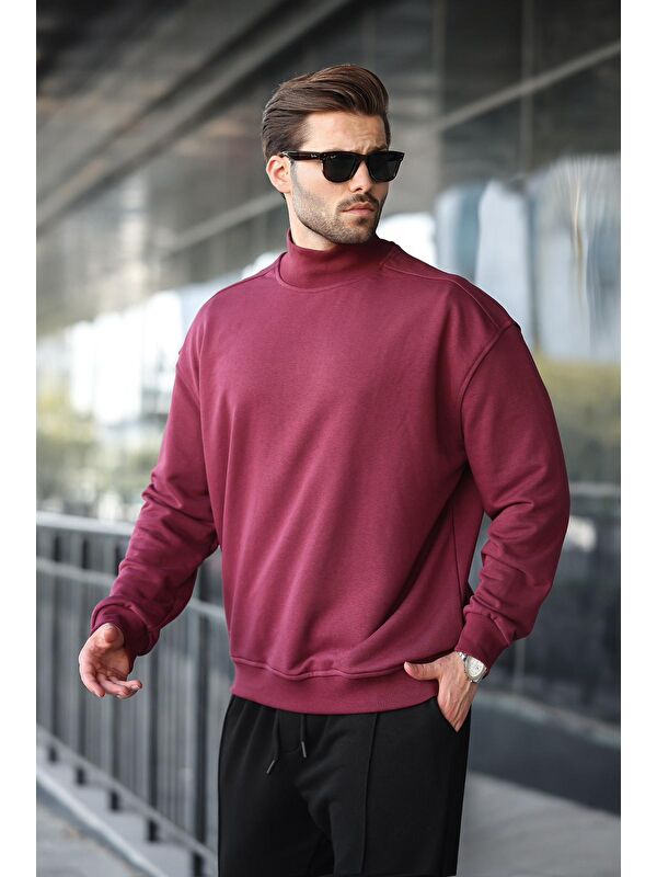 Madmext Bordo Yarım Balıkçı Yaka Erkek Basic Sweatshirt E7158