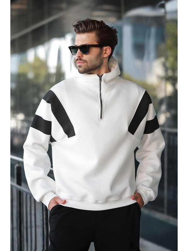 Madmext Ekru Fermuarlı Yaka Kapüşonlu Erkek Sweatshirt E7161