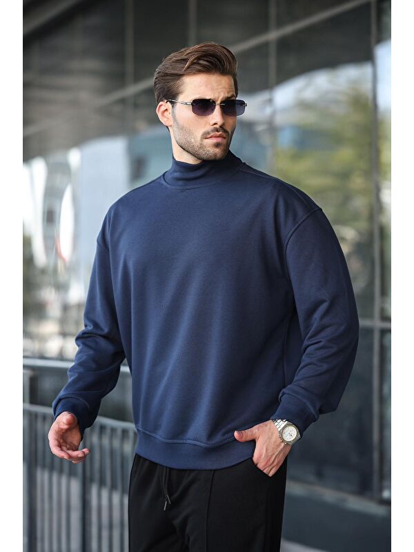 Madmext Lacivert Yarım Balıkçı Yaka Erkek Basic Sweatshirt E7158