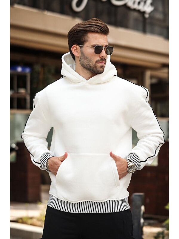 Madmext Ekru Kapüşonlu Kanguru Cep Erkek Sweatshirt